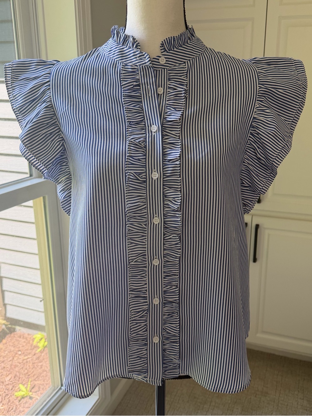 eesome Blue and White Striped Ruffle Button-Front Cap Sleeve Blouse